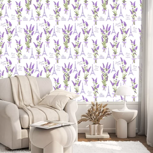 Tapete Fabric pattern with lavender flowers and eiffel tower. Seamless background for fabric design. Vector illustration.