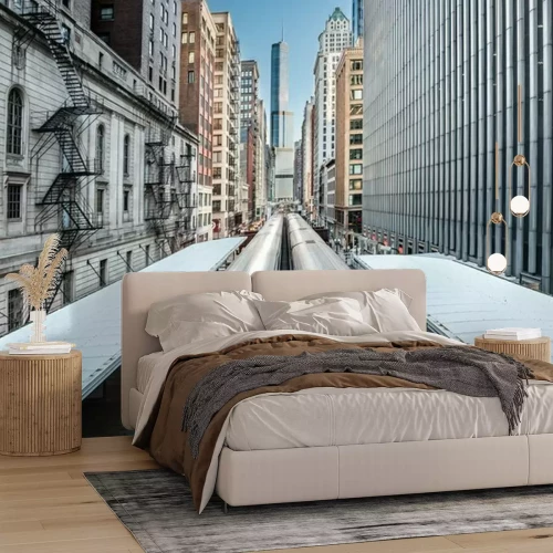 Fototapete Two trains of the Chicago metro system crossing the elevated railroad in a skyscrapers canyon in the Loop district, Chicago, Illinois, United States