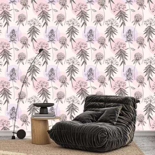 Tapete Wilde Blumen auf einem pastellfarbenen geometrischen Hintergrund