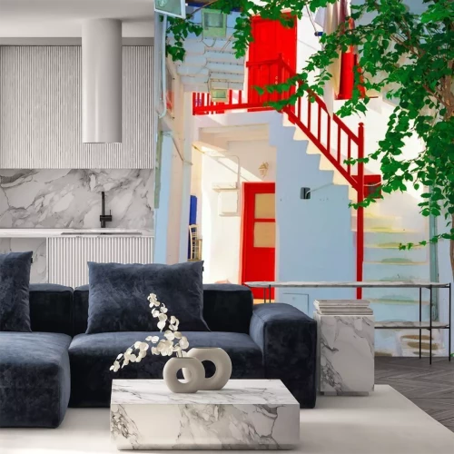 Fototapete Schneeweißes Haus mit roten Akzenten