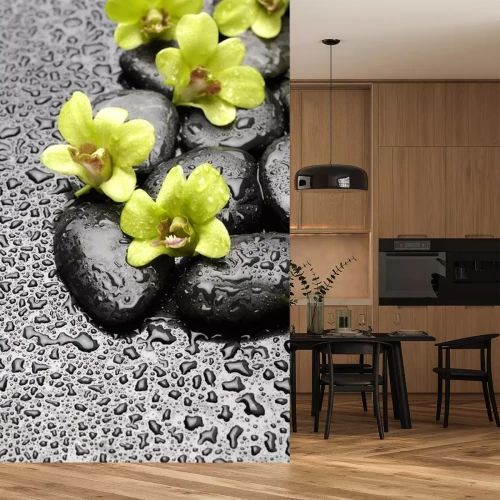 Sticker Set grüne Orchidee und Zen-Steine ​​mit Wassertropfen