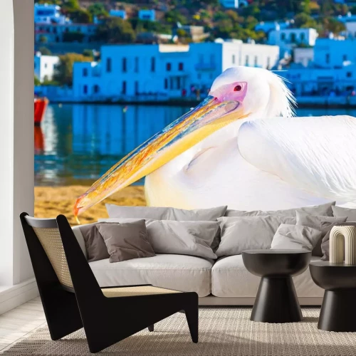 Sticker Tiere Pelikan mit rosa Auge am Strand