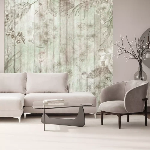 Fototapete Weiße Bretter und Shabby Blumen