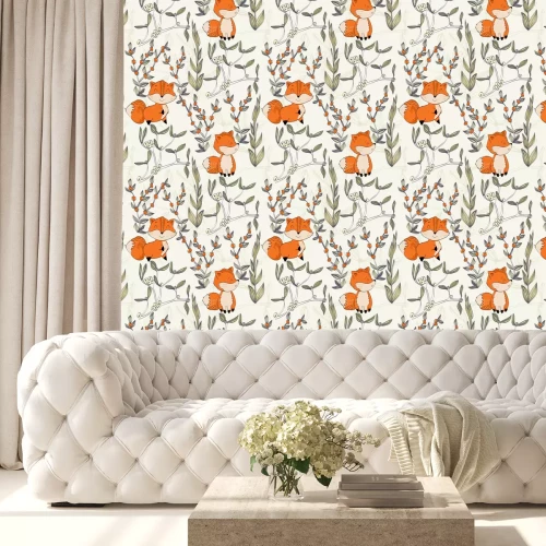 Tapete Gemalte Füchse und grüne Zweige