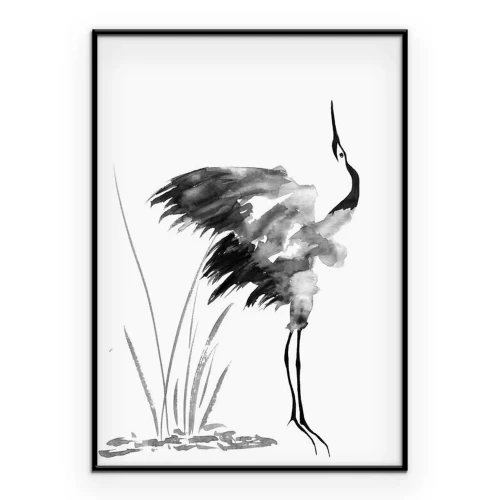 Poster Schwarze Tuschezeichnung mit einem Kranich