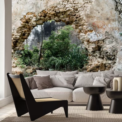 Fototapete Dschungel hinter einem Loch in der Wand