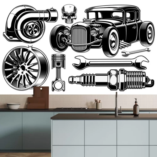 Sticker Altes Auto und Teile schwarz-weiße Grafik