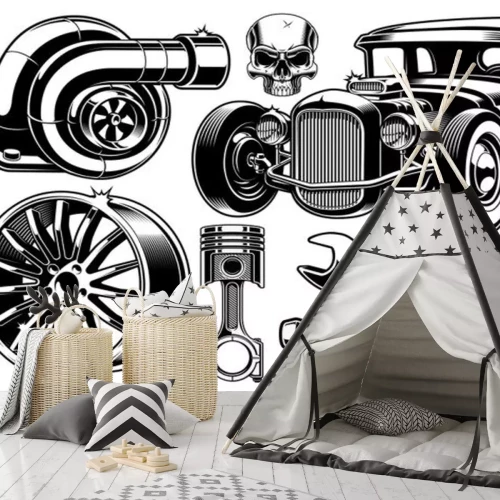 Sticker Altes Auto und Teile schwarz-weiße Grafik