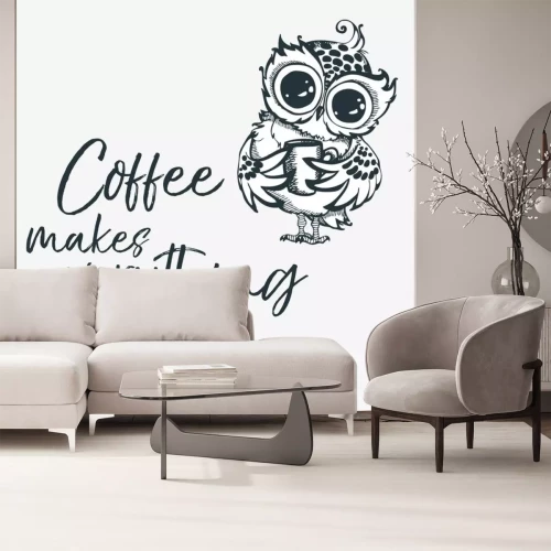 Sticker Hand drawn owl with cup of coffee.