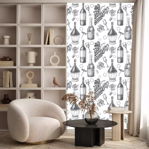 Tapete Decorative seamless pattern with wine bottles, wineglasses, a bunch of grapes. Ink hand drawn Vector illustration. Composition of drink elements for menu design.