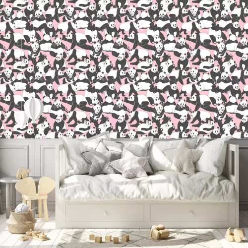 Tapete Schwarz-weiße Teddybären auf rosa Hintergrund