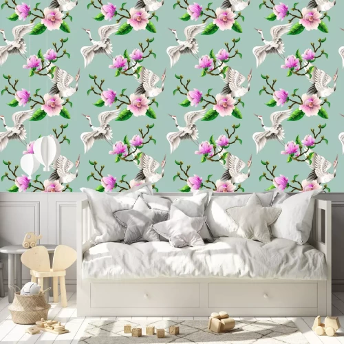 Tapete Seamless pattern with magnolia flowers and Japanese white cranes. Vector.