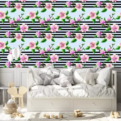 Tapete Blühende Magnolie und Streifen