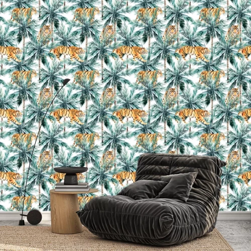 Tapete Jungle seamless pattern. Tropical palm trees and tiger. Hand drawn watercolour illustration