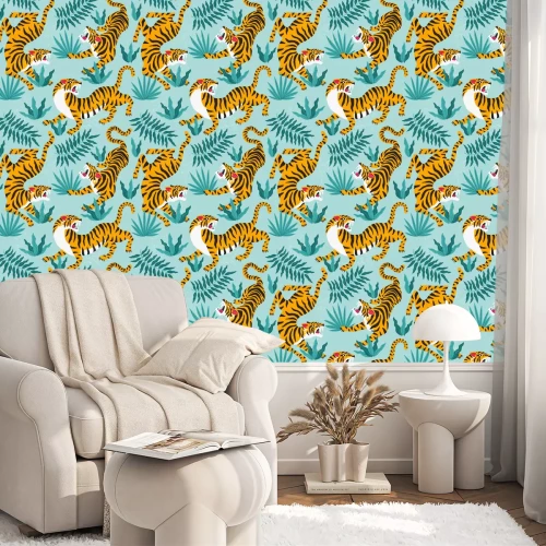 Tapete Vector seamless pattern with cute tigers on background. Circus animal show. Fashionable fabric design.