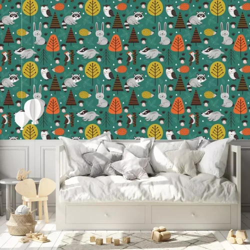 Tapete nahtloses Muster mit Waldtieren auf grünem Hintergrund Skandinavischer Stil - Vektorillustration, eps