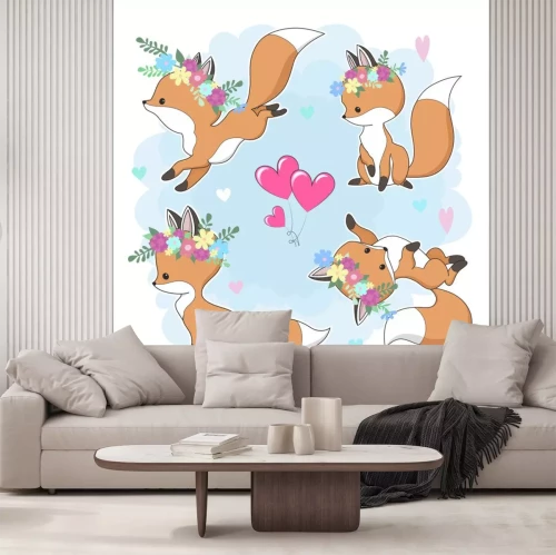 Sticker Füchse mit Blumen auf dem Kopf und rosa Herzluftballons