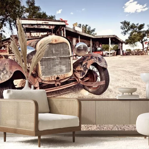 Fototapete Retro-Auto auf der Straße 66