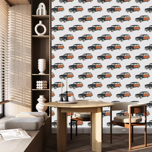 Tapete Surf car pattern. Surfing seamless wallpaper. Summer background with old automobile isolated on white background