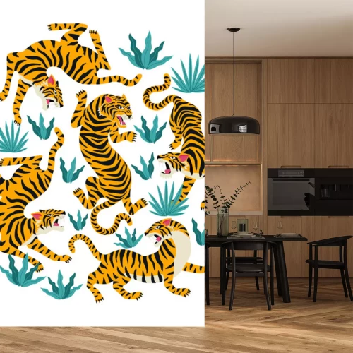 Sticker Vector set of tigers and tropical leaves. Trendy illustration.
