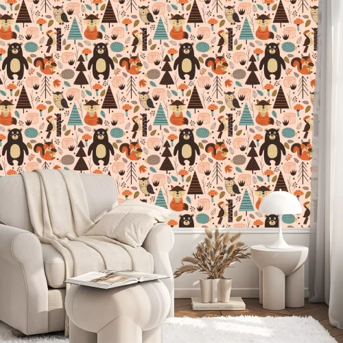 Tapete nahtloses Muster mit Waldtieren auf rosa Hintergrund Skandinavischer Stil - Vektorillustration, eps