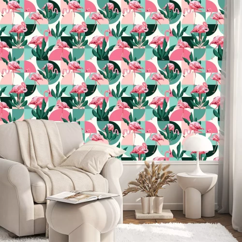Tapete Flamingos und Blätter vor dem Hintergrund der geometrischen Formen