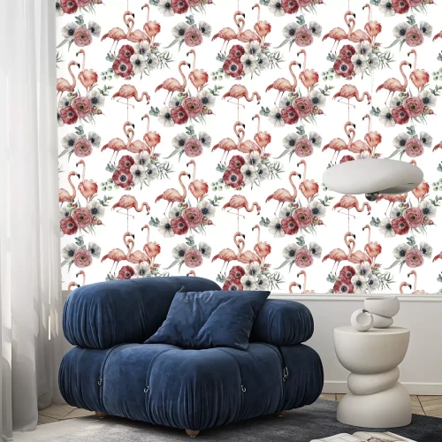 Tapete Flamingos und Blumen auf weißem Hintergrund