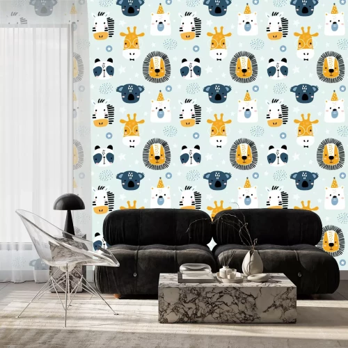 Tapete Nahtloses kindliches Muster mit lustigen Tiergesichtern. Kreative skandinavische Kinderbeschaffenheit für Stoff, Verpackung, Textil, Tapete, Bekleidung. Vektorillustration