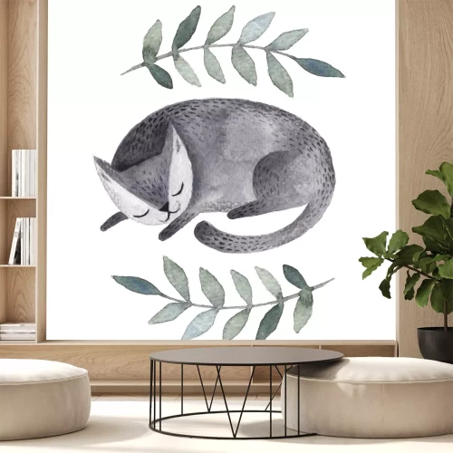 Fototapete Schlafende Katze und grüne Blätter