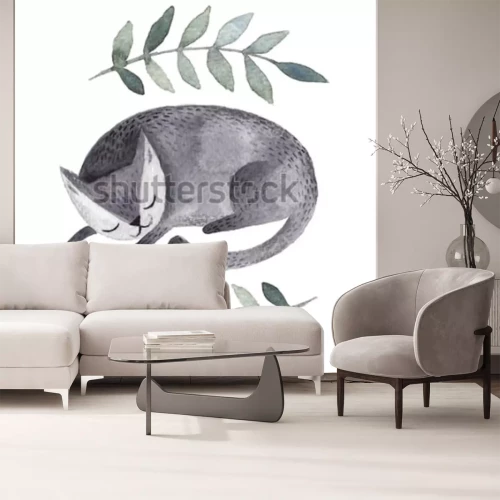 Fototapete Schlafende Katze und grüne Blätter