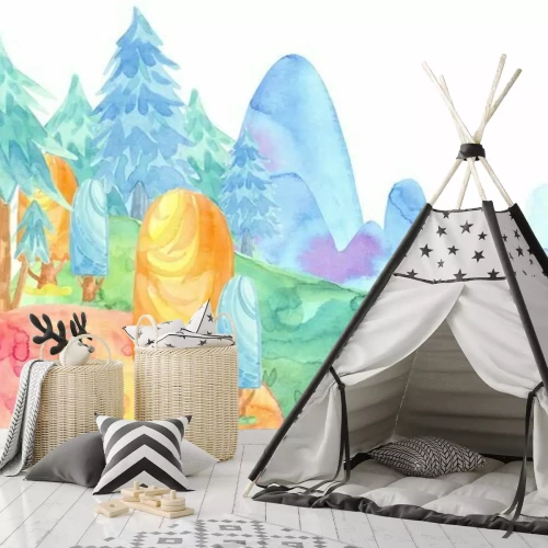 Sticker Cartoon watercolor illustration. Cute fairy tale nature. Forest with colorful firs, trees, mountains. card template