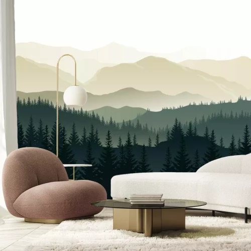 Sticker Vector beautiful morning landscape with misty green forests and mountains