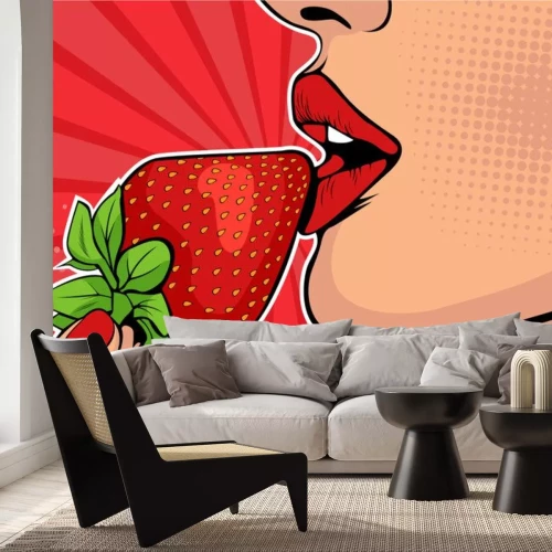 Sticker Girls lips with strawberry. Woman eating healthy food. Erotic fantasy. Vector Illustration in pop art retro comic style.