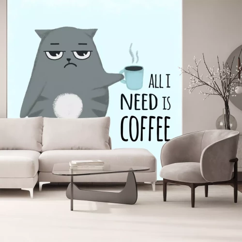 Sticker Katze mit Becher Kaffee und Aufschrift