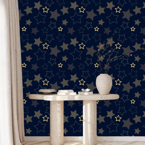 Tapete Golden simple striped and doted stars on blue geometric seamless pattern, vector