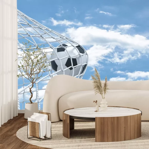 Fototapete 3d rendering of a football ball caught in a white net from the gates on a sky background.