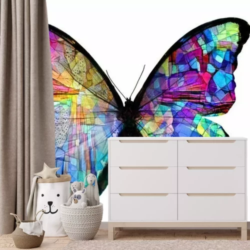 Sticker Schmetterling mit Regenbogenmosaiken auf seinen Flügeln