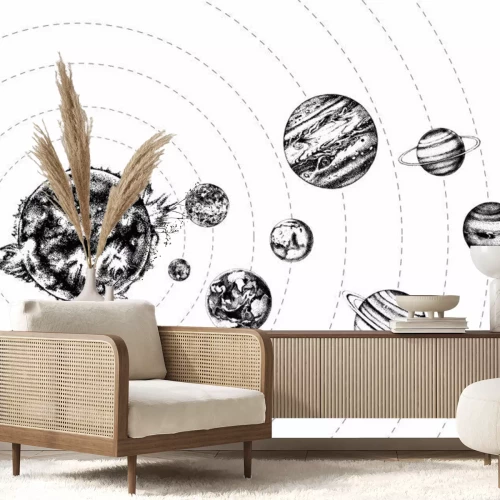 Fototapete Das Sonnensystem in Schwarz-Weiß
