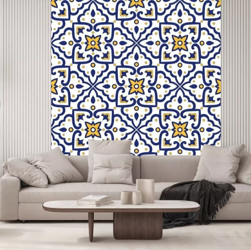 Sticker Italian tile pattern vector seamless with vintage ornaments. Portuguese azulejos, mexican talavera, italy sicily majolica motifs. Tiled texture for ceramic kitchen wall or bathroom mosaic floor.