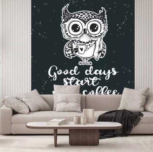 Sticker Hand drawn owl with cup of coffee.