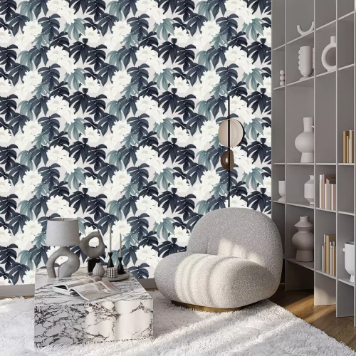 Tapete Pfingstrosen wei? und exotische Bl?tter Grafik