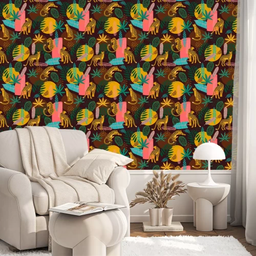 Tapete Vestor seamless pattern with leopards and abstract tropical leaves.