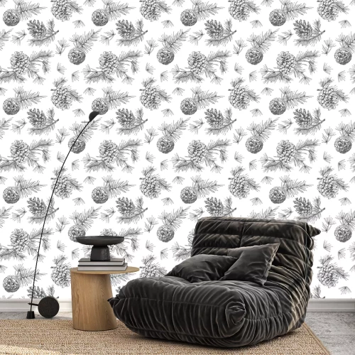 Tapete Realistic botanical ink sketch of fir tree branches with pine cone on white background. Vector illustrations