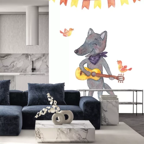 Sticker Wolf Aquarell mit einer Gitarre in seinen Pfoten und Vögel