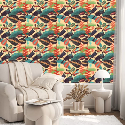 Tapete Tukane und rot-türkisfarbene Blätter