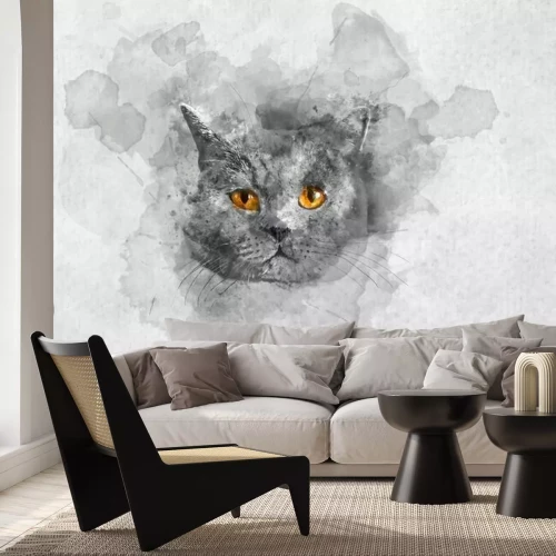 Sticker Cute British shorthair cat's watercolor portrait.