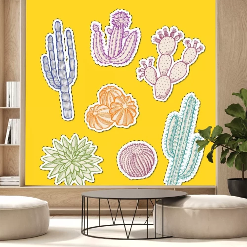 Sticker Vector hand drawn desert cacti plants colored stickers of set illustration