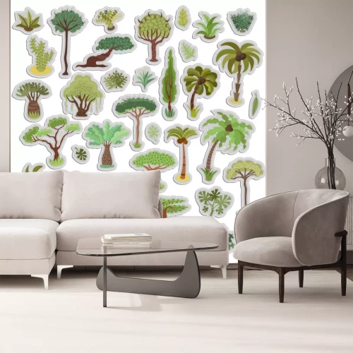 Sticker Collection of tropical trees stickers, palms and other tropical exotic plants, sticker vector illustration set. Rainforest jungle trees, plants, shrubs, leaves, paradise beach resort crooked palm