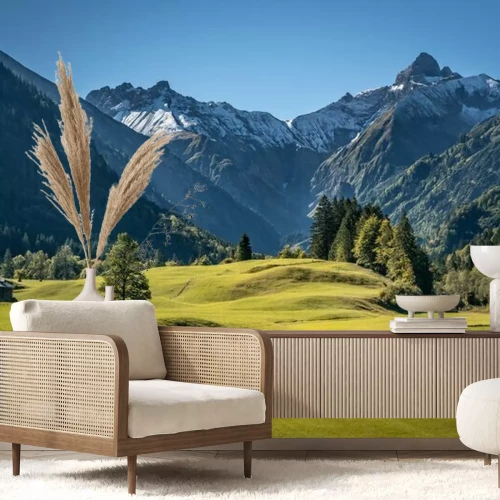 Fototapete Grünes Gras und Berge