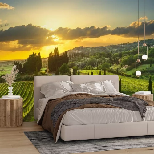 Fototapete Toskana bei Sonnenaufgang mit Wolken